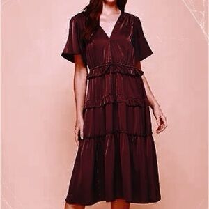 Pinch - Burgundy Satin Tiered Midi Dress – Size S - NWT